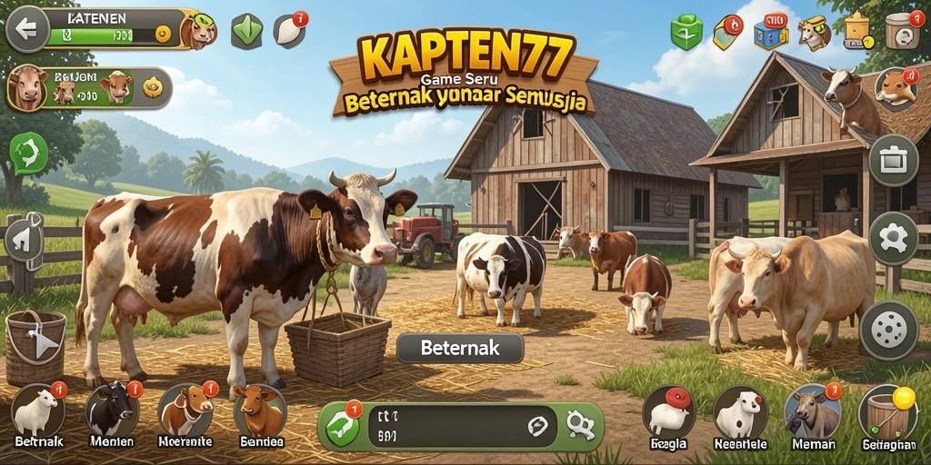 Gambar antarmuka KAPTEN77 menampilkan aktivitas beternak yang seru.