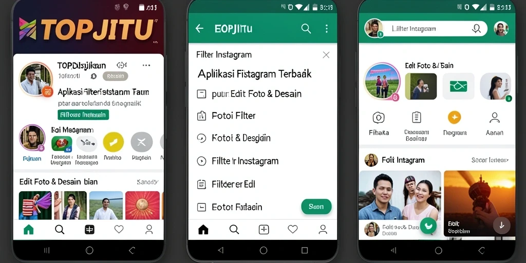 Tampilan antarmuka aplikasi TOPJITU dengan berbagai pilihan filter Instagram.