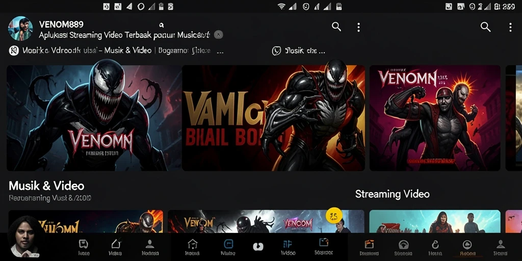 Antarmuka aplikasi VENOM889 untuk streaming video yang menarik dan mudah digunakan.